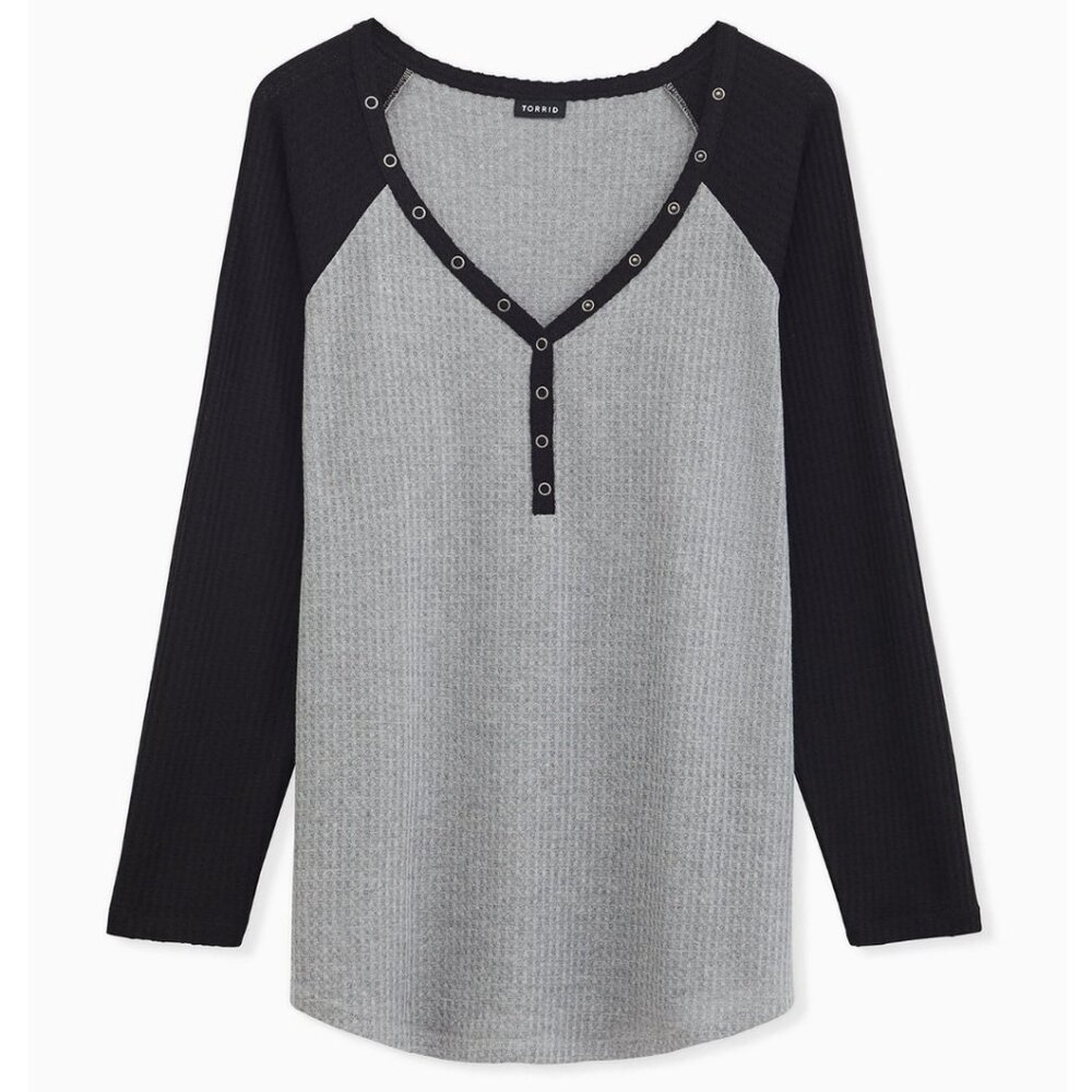 Torrid Waffle V-Neck Henley Raglan Long Sleeve Tee